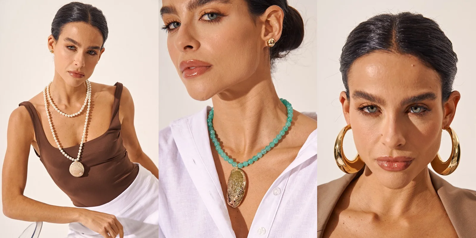 Composições com camisa clara, colares e argolas para inspirar a mala de verão